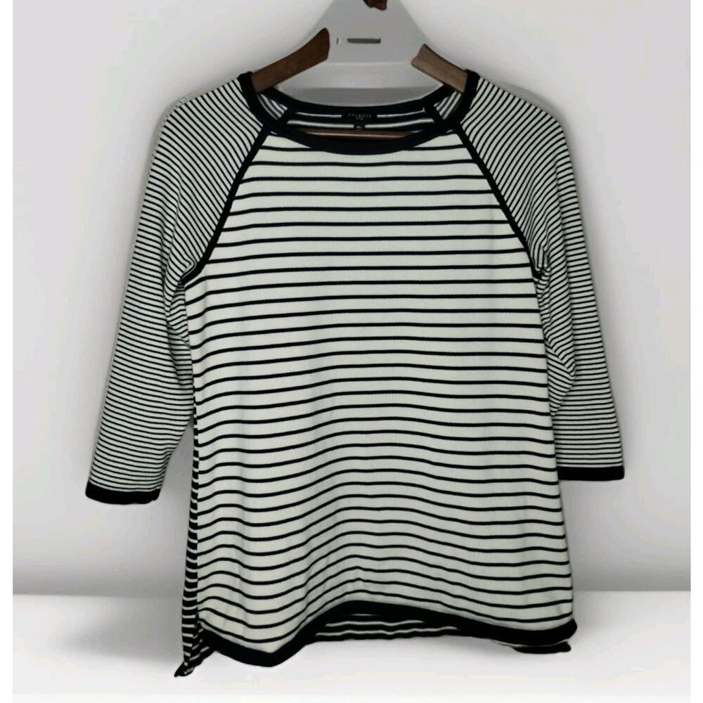 Talbots Tunic Sweater Women Navy White Striped 3/4 Sleeve Knit Pullover Size M